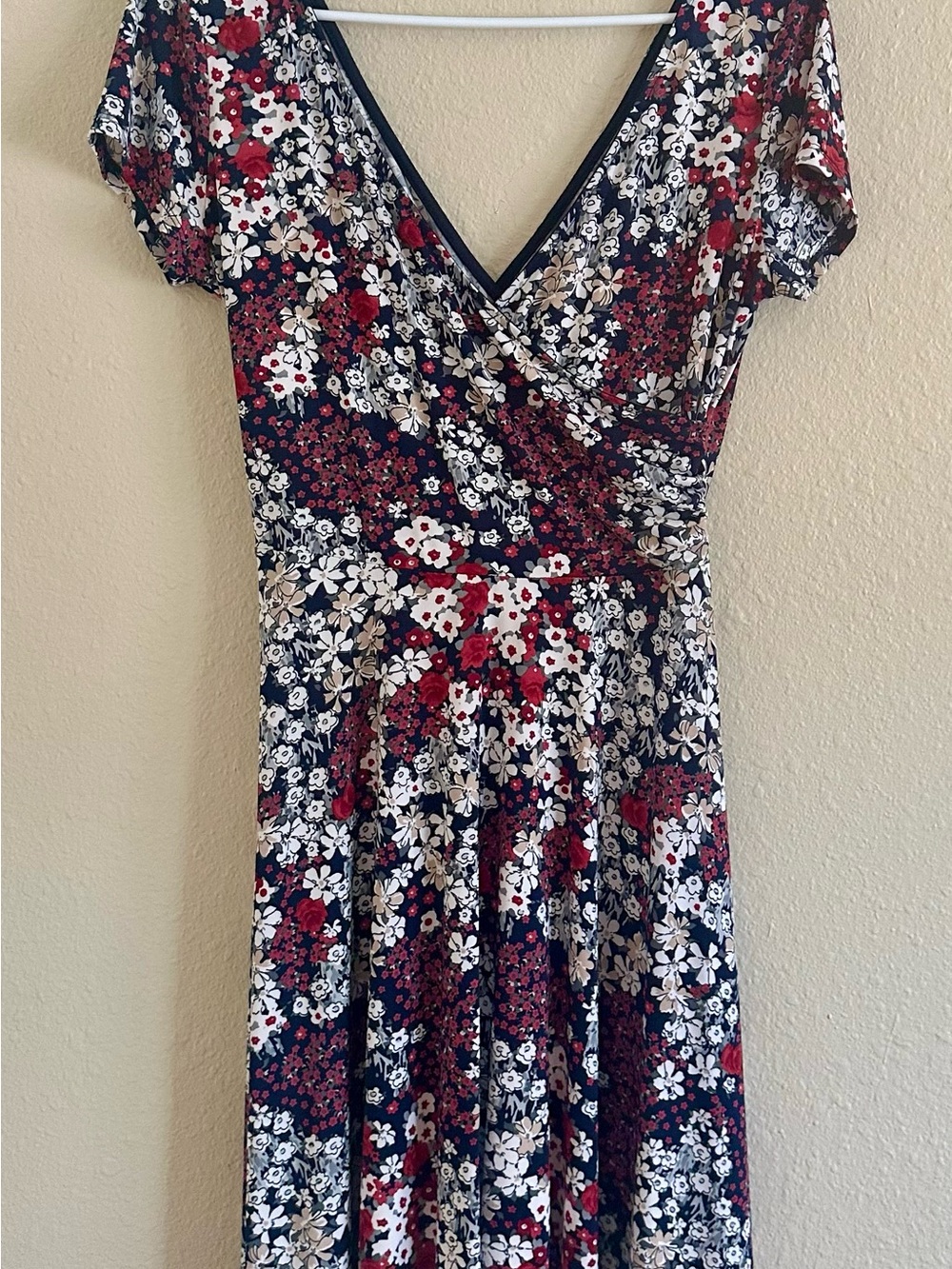 Kaileigh Navy Floral Wrap Midi Dress with Red & Cream Accents